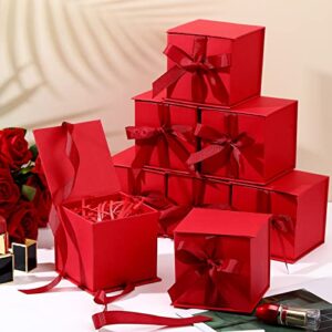 12 Pcs 4 In Small Gift Box with Lid, Ribbon Bow and Shredded Filler Gift Wrapping Paper Box for Weddings, Graduations, Birthday, Christmas, Bridesmaid Proposal Gifts (Red)