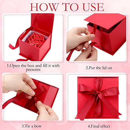 12 Pcs 4 In Small Gift Box with Lid, Ribbon Bow and Shredded Filler Gift Wrapping Paper Box for Weddings, Graduations, Birthday, Christmas, Bridesmaid Proposal Gifts (Red)