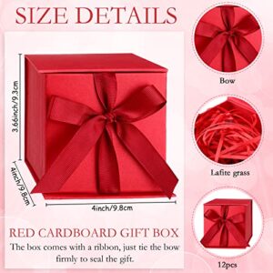 12 Pcs 4 In Small Gift Box with Lid, Ribbon Bow and Shredded Filler Gift Wrapping Paper Box for Weddings, Graduations, Birthday, Christmas, Bridesmaid Proposal Gifts (Red)