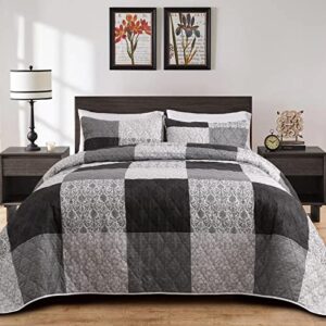 balapet oversized king 128x120 bedspread for california king bed, patchwork plaid grey black coverlet set with 2 matching shams, soft lightweight quilted bedding set for all season