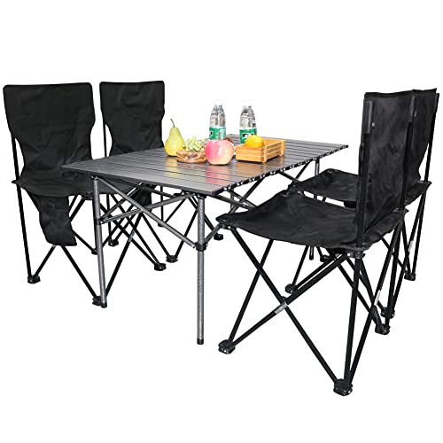 BOMOOMOO Camping Portable Folding Tables & 4Pcs Chairs Set, Collapsible Picnic Side Table & Chairs with Carrying Storage Bag, Black