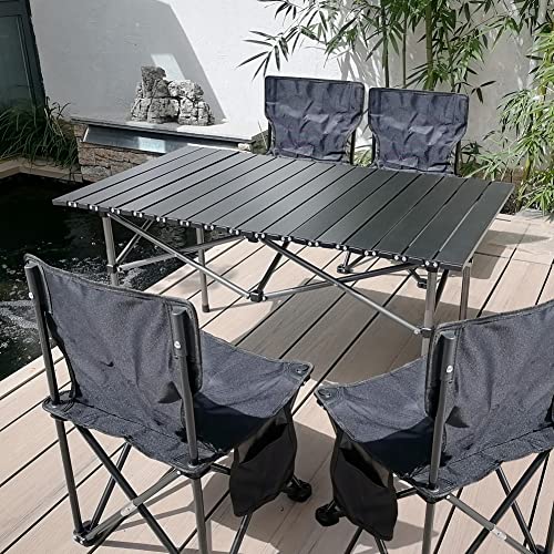 BOMOOMOO Camping Portable Folding Tables & 4Pcs Chairs Set, Collapsible Picnic Side Table & Chairs with Carrying Storage Bag, Black