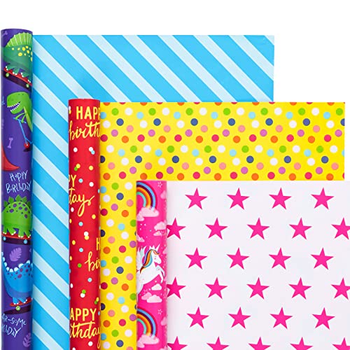 MAYPLUSS Reversible Kids Birthday Wrapping Paper - Mini Roll (17 inches x 10 feet per Roll) - Unicorn/Dinosaur/Polka Dots