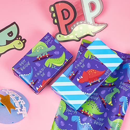 MAYPLUSS Reversible Kids Birthday Wrapping Paper - Mini Roll (17 inches x 10 feet per Roll) - Unicorn/Dinosaur/Polka Dots