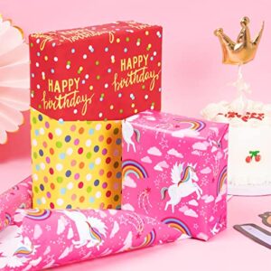 MAYPLUSS Reversible Kids Birthday Wrapping Paper - Mini Roll (17 inches x 10 feet per Roll) - Unicorn/Dinosaur/Polka Dots