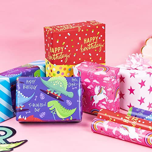 MAYPLUSS Reversible Kids Birthday Wrapping Paper - Mini Roll (17 inches x 10 feet per Roll) - Unicorn/Dinosaur/Polka Dots