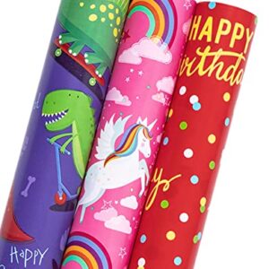 MAYPLUSS Reversible Kids Birthday Wrapping Paper - Mini Roll (17 inches x 10 feet per Roll) - Unicorn/Dinosaur/Polka Dots