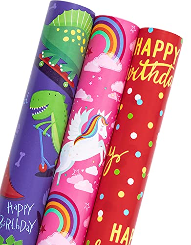 MAYPLUSS Reversible Kids Birthday Wrapping Paper - Mini Roll (17 inches x 10 feet per Roll) - Unicorn/Dinosaur/Polka Dots