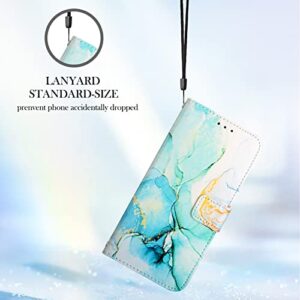 Phone Case Oppo A17 Green Marble Leather Wallet Flip Cases Cover with Credit Card Holder for Women with Long Crossbody Lanyard and Hand Strap