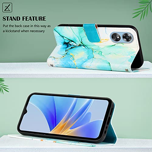 Phone Case Oppo A17 Green Marble Leather Wallet Flip Cases Cover with Credit Card Holder for Women with Long Crossbody Lanyard and Hand Strap