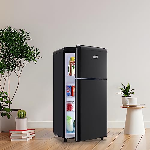 WANAI Compact Mini Refrigerator 3.5 Cu.Ft Small Refrigerator with Freezer, Retro Mini Fridge with Dual Door,7 Adjustable Thermostat, Adjustable Shelves For Dorm, Office Bedroom,Black