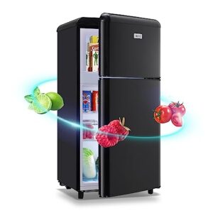 wanai compact mini refrigerator 3.5 cu.ft small refrigerator with freezer, retro mini fridge with dual door,7 adjustable thermostat, adjustable shelves for dorm, office bedroom,black