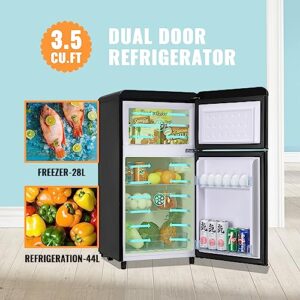 WANAI Compact Mini Refrigerator 3.5 Cu.Ft Small Refrigerator with Freezer, Retro Mini Fridge with Dual Door,7 Adjustable Thermostat, Adjustable Shelves For Dorm, Office Bedroom,Black