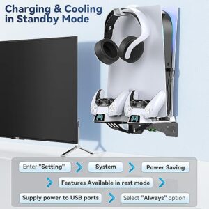 PS5 Wall Mount Kit with 3-level Cooling Fan and Dual Charging Station, PS5 Shelf Mount Compatible with Playstation 5 Disc & Digital, PS5 Cooling Station for PS5 Accessories with Headset Holder