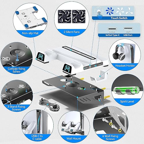 PS5 Wall Mount Kit with 3-level Cooling Fan and Dual Charging Station, PS5 Shelf Mount Compatible with Playstation 5 Disc & Digital, PS5 Cooling Station for PS5 Accessories with Headset Holder