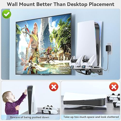 PS5 Wall Mount Kit with 3-level Cooling Fan and Dual Charging Station, PS5 Shelf Mount Compatible with Playstation 5 Disc & Digital, PS5 Cooling Station for PS5 Accessories with Headset Holder