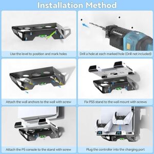 PS5 Wall Mount Kit with 3-level Cooling Fan and Dual Charging Station, PS5 Shelf Mount Compatible with Playstation 5 Disc & Digital, PS5 Cooling Station for PS5 Accessories with Headset Holder