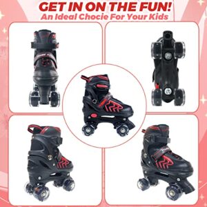HXWY Kids Roller Skates for Boys Girls Child, Adjustable 4 Sizes Roller Skates for Kids and Youth with Light Up Wheels, Quad Black & Red Roller Skates for Sports (Little Kid 11J-1)