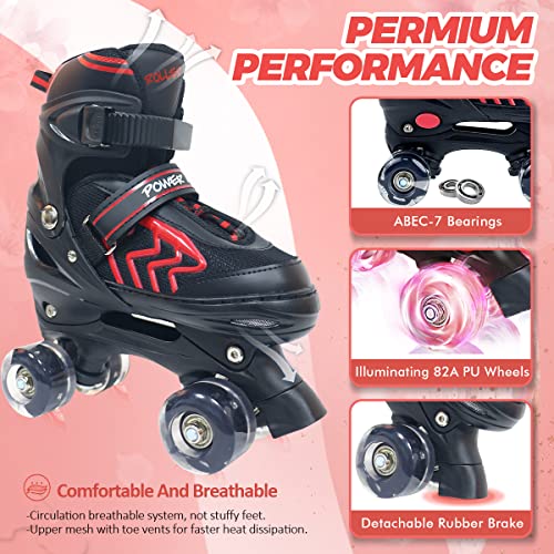 HXWY Kids Roller Skates for Boys Girls Child, Adjustable 4 Sizes Roller Skates for Kids and Youth with Light Up Wheels, Quad Black & Red Roller Skates for Sports (Little Kid 11J-1)