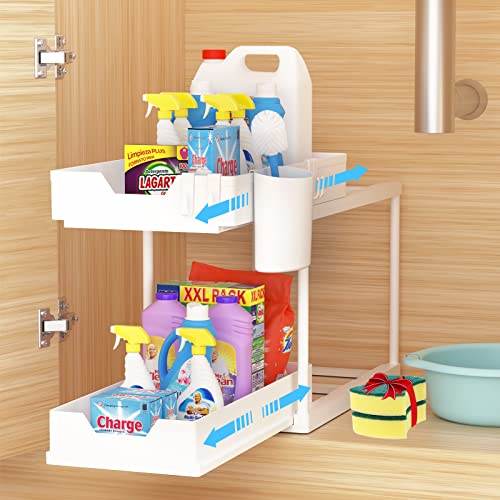 Jincancan Under Sink Organizers and Storage - Double Sliding Under Sink Organizers and Storage - 2 Tier Under Cabinet Organizer with 4 Hooks, Hanging Cup, Under Sink Storage for Kitchen (White)