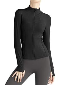 locachy women's slim fit full zip athletic running sports workout jacket with pockets black xl