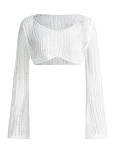 verdusa women's hollow out sheer long sleeve sweater knit crop pullover top white l