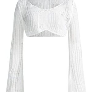 Verdusa Women's Hollow Out Sheer Long Sleeve Sweater Knit Crop Pullover Top White L