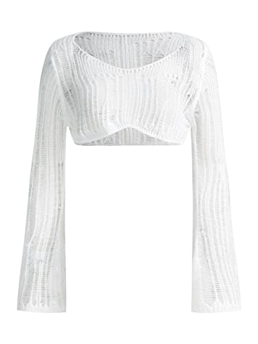 Verdusa Women's Hollow Out Sheer Long Sleeve Sweater Knit Crop Pullover Top White L