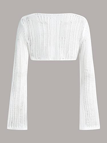 Verdusa Women's Hollow Out Sheer Long Sleeve Sweater Knit Crop Pullover Top White L