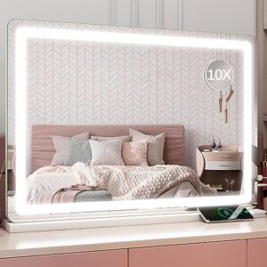 rolove vanity mirror with lights, 32" x 22" large lighted vanity mirror with dimmable 3 modes, led makeup mirror with detachable 10x magnification, touch screen control, for makeup desk, dressing room