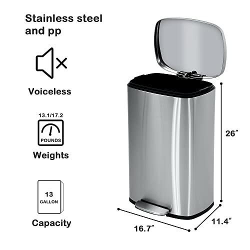 13 Gallon Trash Can, Brushed Stainless Steel Kitchen Trash Can with Soft-close Lid, Fingerprint-resistant Kitchen Garbage Can with Foot Pedal and Inner Bucket, Odor Proof Trash Can Garbage Can, Silver