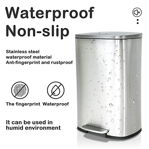 13 Gallon Trash Can, Brushed Stainless Steel Kitchen Trash Can with Soft-close Lid, Fingerprint-resistant Kitchen Garbage Can with Foot Pedal and Inner Bucket, Odor Proof Trash Can Garbage Can, Silver