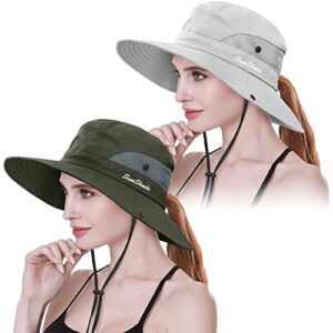 IYEBRAO 2 Pack Womens Ponytail Sun Hat UV Protection Bucket Hats Foldable Wide Brim Summer Boonie Beach Cap Fishing Hiking(Pure Beige & Army Green)