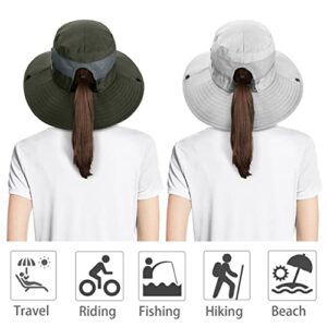IYEBRAO 2 Pack Womens Ponytail Sun Hat UV Protection Bucket Hats Foldable Wide Brim Summer Boonie Beach Cap Fishing Hiking(Pure Beige & Army Green)