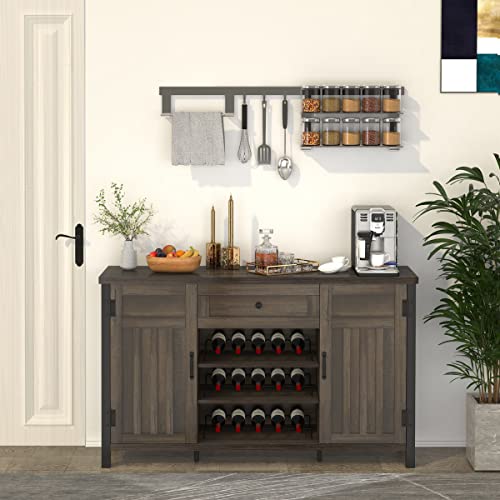 FATORRI Industrial Coffee Bar Cabinet with Wine Rack, Wood Buffet and Sideboard with Storage Cabinet, Rustic Credenza Cupboard for Kitchen Dining Room (55.12 Inch, Walnut Brown)