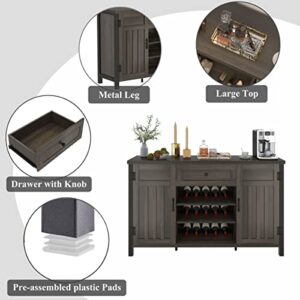 FATORRI Industrial Coffee Bar Cabinet with Wine Rack, Wood Buffet and Sideboard with Storage Cabinet, Rustic Credenza Cupboard for Kitchen Dining Room (55.12 Inch, Walnut Brown)
