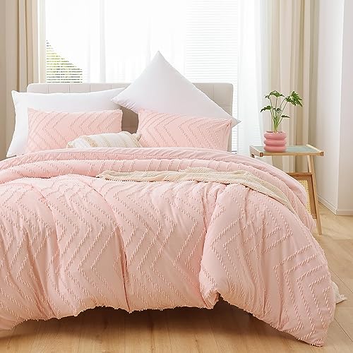 YIRDDEO Pink Comforter Full Size 3Pcs, Boho Comforter Set Full Pink Farmhouse Bedding Sets Queen, Vertical Tufted Comforter, Lightweight Neutral Blush Boho Bed Set (1 Comforter, 2 Pillowcases)