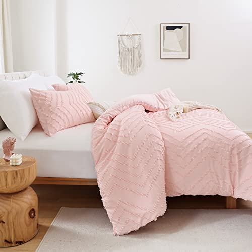 YIRDDEO Pink Comforter Full Size 3Pcs, Boho Comforter Set Full Pink Farmhouse Bedding Sets Queen, Vertical Tufted Comforter, Lightweight Neutral Blush Boho Bed Set (1 Comforter, 2 Pillowcases)