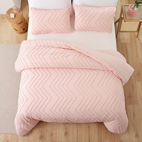 YIRDDEO Pink Comforter Full Size 3Pcs, Boho Comforter Set Full Pink Farmhouse Bedding Sets Queen, Vertical Tufted Comforter, Lightweight Neutral Blush Boho Bed Set (1 Comforter, 2 Pillowcases)