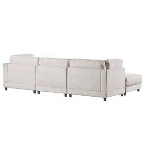 JULYFOX Beige Sectional Sofa w/Chaise, 110 in Wide Overstuffed L-Shaped 3-seat Corner Couch Sofa with Reversible Ottoman Chaise Lounger Lumber Support Pillow Fabric for Living Room