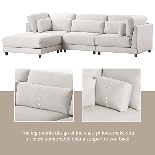 JULYFOX Beige Sectional Sofa w/Chaise, 110 in Wide Overstuffed L-Shaped 3-seat Corner Couch Sofa with Reversible Ottoman Chaise Lounger Lumber Support Pillow Fabric for Living Room