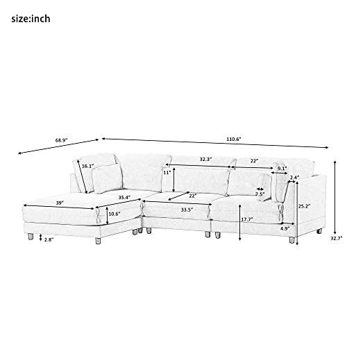 JULYFOX Beige Sectional Sofa w/Chaise, 110 in Wide Overstuffed L-Shaped 3-seat Corner Couch Sofa with Reversible Ottoman Chaise Lounger Lumber Support Pillow Fabric for Living Room