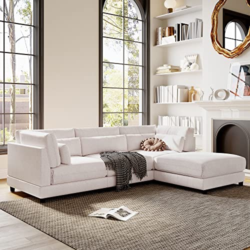 JULYFOX Beige Sectional Sofa w/Chaise, 110 in Wide Overstuffed L-Shaped 3-seat Corner Couch Sofa with Reversible Ottoman Chaise Lounger Lumber Support Pillow Fabric for Living Room