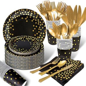 350pcs black and gold party decorations, 50 guests 2023 graduation party prom decorations gold plastic forks knives spoons party paper plates napkins cups for party birthday new year