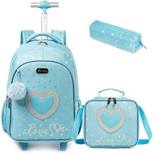 egchescebo kids love heart rolling backpack for girls suitcases trolley backpacks with wheels roller luggage on wheels with lunch box pencil case for elementary travel school bag blue