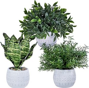 winlyn set of 3 small artificial potted plants - eucalyptus, rosemary & tropical snake plant in white geometric pots for table centerpieces shelf windowsill desk indoor outdoor greenery decor