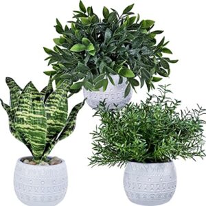 Winlyn Set of 3 Small Artificial Potted Plants - Eucalyptus, Rosemary & Tropical Snake Plant in White Geometric Pots for Table Centerpieces Shelf Windowsill Desk Indoor Outdoor Greenery Decor