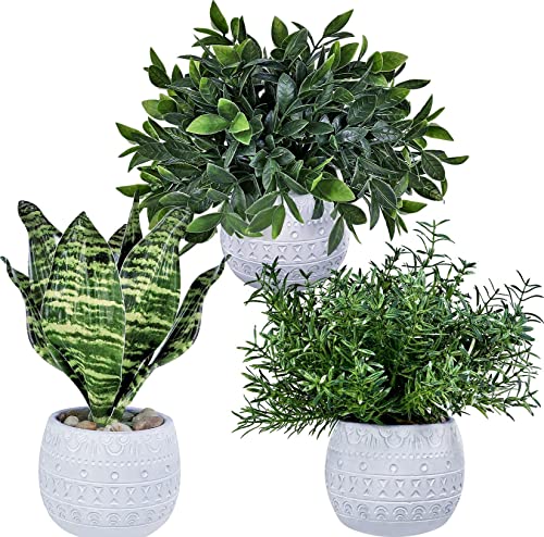 Winlyn Set of 3 Small Artificial Potted Plants - Eucalyptus, Rosemary & Tropical Snake Plant in White Geometric Pots for Table Centerpieces Shelf Windowsill Desk Indoor Outdoor Greenery Decor