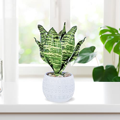 Winlyn Set of 3 Small Artificial Potted Plants - Eucalyptus, Rosemary & Tropical Snake Plant in White Geometric Pots for Table Centerpieces Shelf Windowsill Desk Indoor Outdoor Greenery Decor