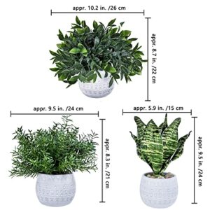 Winlyn Set of 3 Small Artificial Potted Plants - Eucalyptus, Rosemary & Tropical Snake Plant in White Geometric Pots for Table Centerpieces Shelf Windowsill Desk Indoor Outdoor Greenery Decor